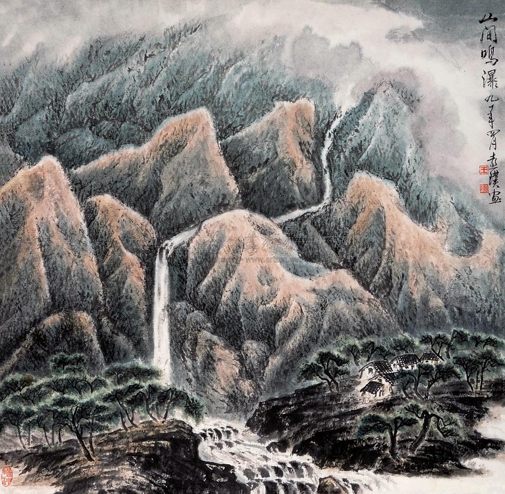 0056 山涧鸣瀑 镜心 设色纸本