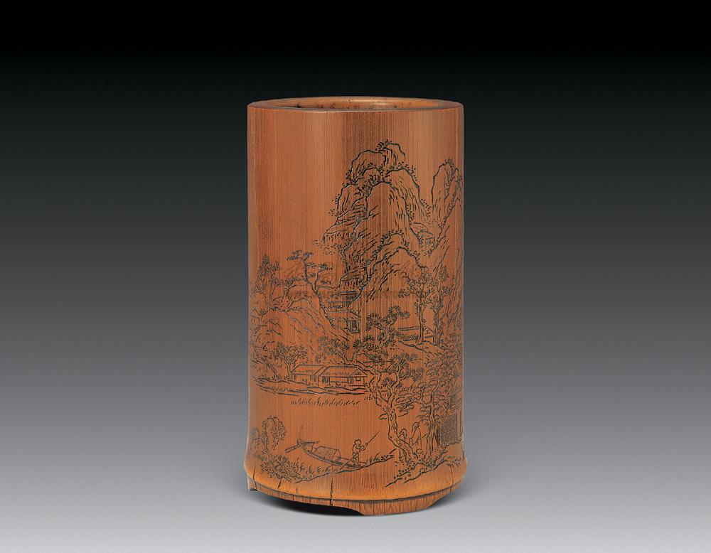 1914 清中期 竹刻山水诗文笔筒