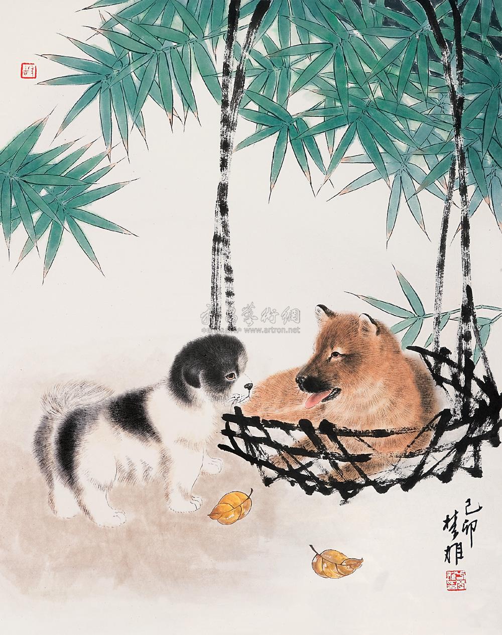 0029 1999年作 双狗图 立轴 设色纸本