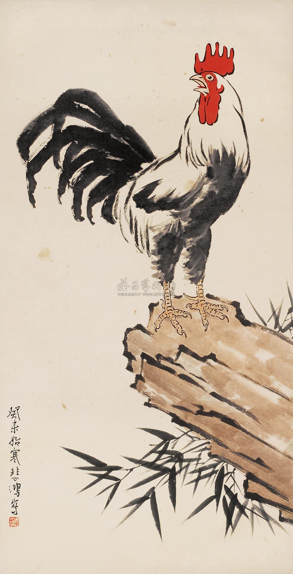 0095 1943年作 一唱雄鸡天下白 立轴 设色纸本
