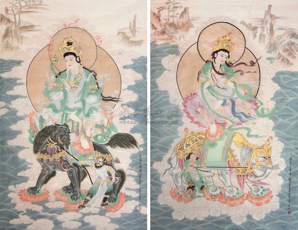 0937 敦煌莫高窟榆林25窟文殊,普贤经变图 镜心 设色绢本