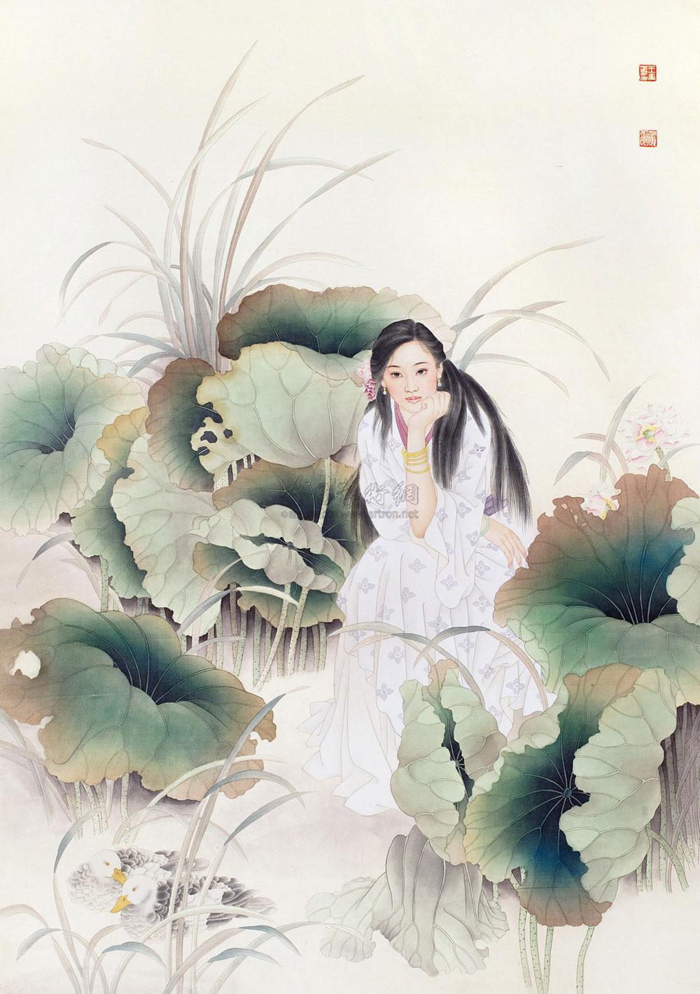 【荷花仕女 镜心 设色纸本】拍卖品_图片_价格_鉴赏_绘画_雅昌艺术品