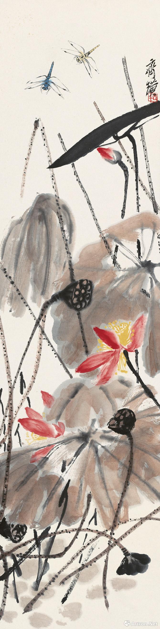 《荷花蜻蜓》  齐白石 133.5x34cm  纸本设色