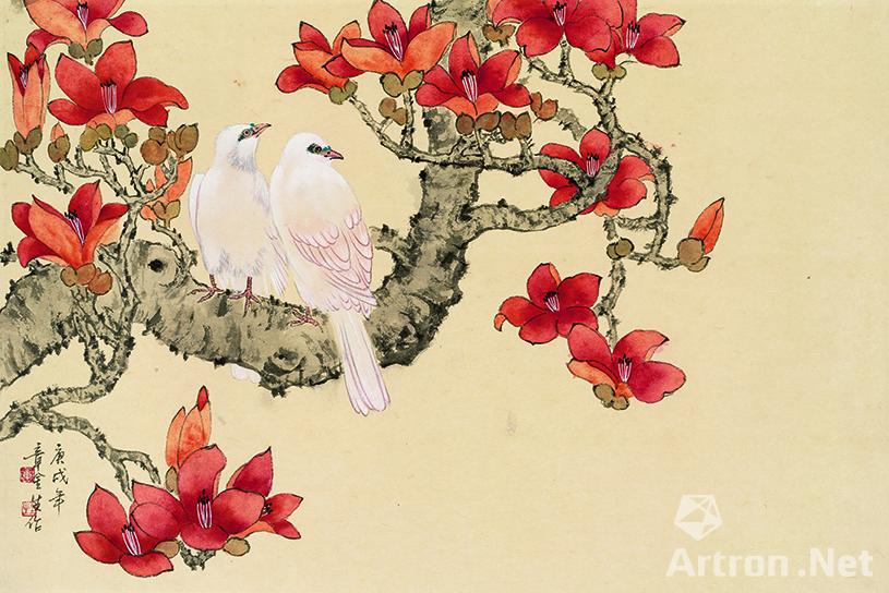 《工笔白雀红棉》